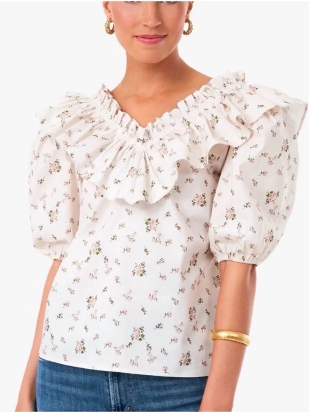TUCKERNUCK HYACINTH HOUSE | Floral Ruffle-Trim Puff Sleeve Top - Cream